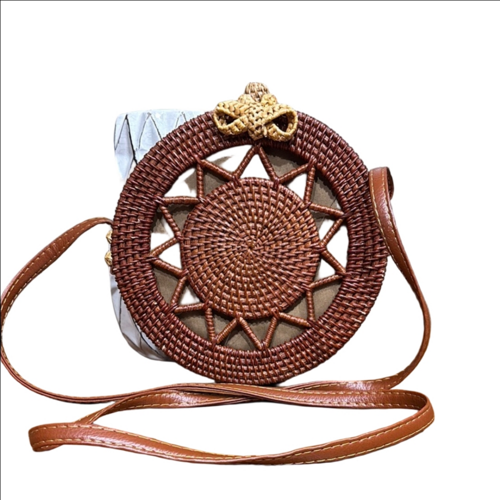 Brown Woven Round Crossbody Bag